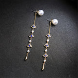 Blue Crystal & Imitation Pearl Linking Eyes Drop Earrings - streetregion