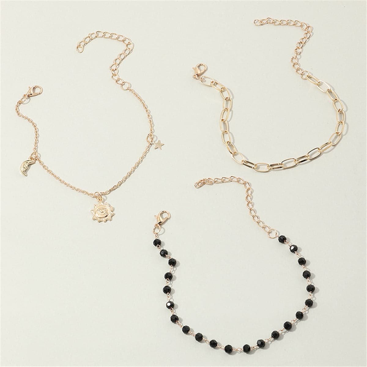 Black Bead and 18K Gold Plated Sun Figaro Anklet Set, jewelry gift sets for women, everyday style, styled look