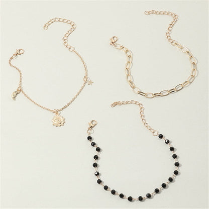 Black Bead and 18K Gold Plated Sun Figaro Anklet Set, jewelry gift sets for women, everyday style, styled look