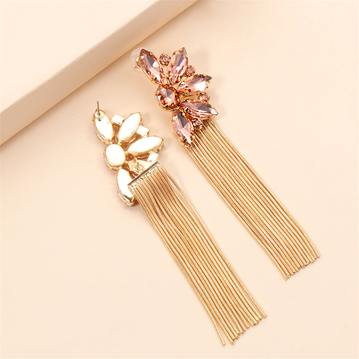 Champagne Crystal & Cubic Zirconia Floral Tassel Drop Earrings
