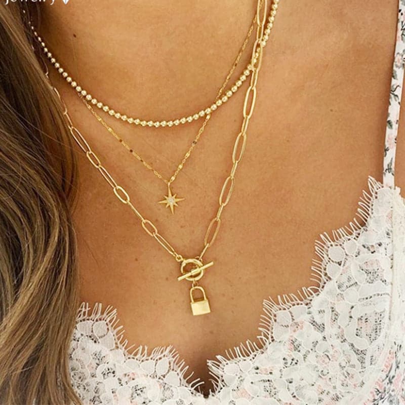 Cubic Zirconia and 18K Gold-Plated Star Lock Layered Pendant Necklace, gold pendant necklace for women, side view