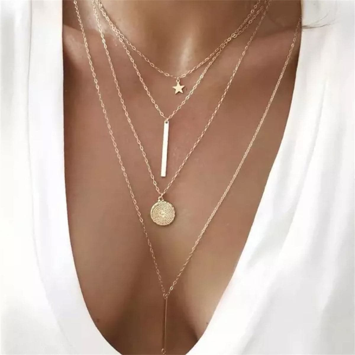 18K Gold-Plated Disc Bar Layered Pendant Necklace