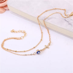 18k Gold-Plated Eye Cross Layered Charm Anklet - streetregion