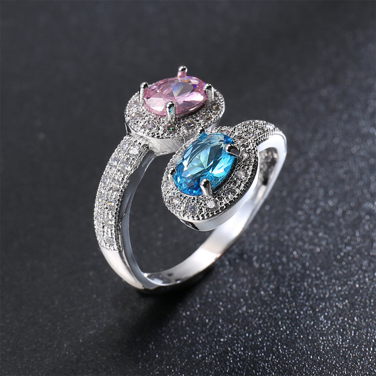 Pink and Blue Crystal Oval-Cut Bypass Ring, statement rings for women, botanical inspired, detail close-up