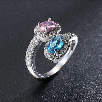 Pink and Blue Crystal Oval-Cut Bypass Ring, statement rings for women, botanical inspired, detail close-up