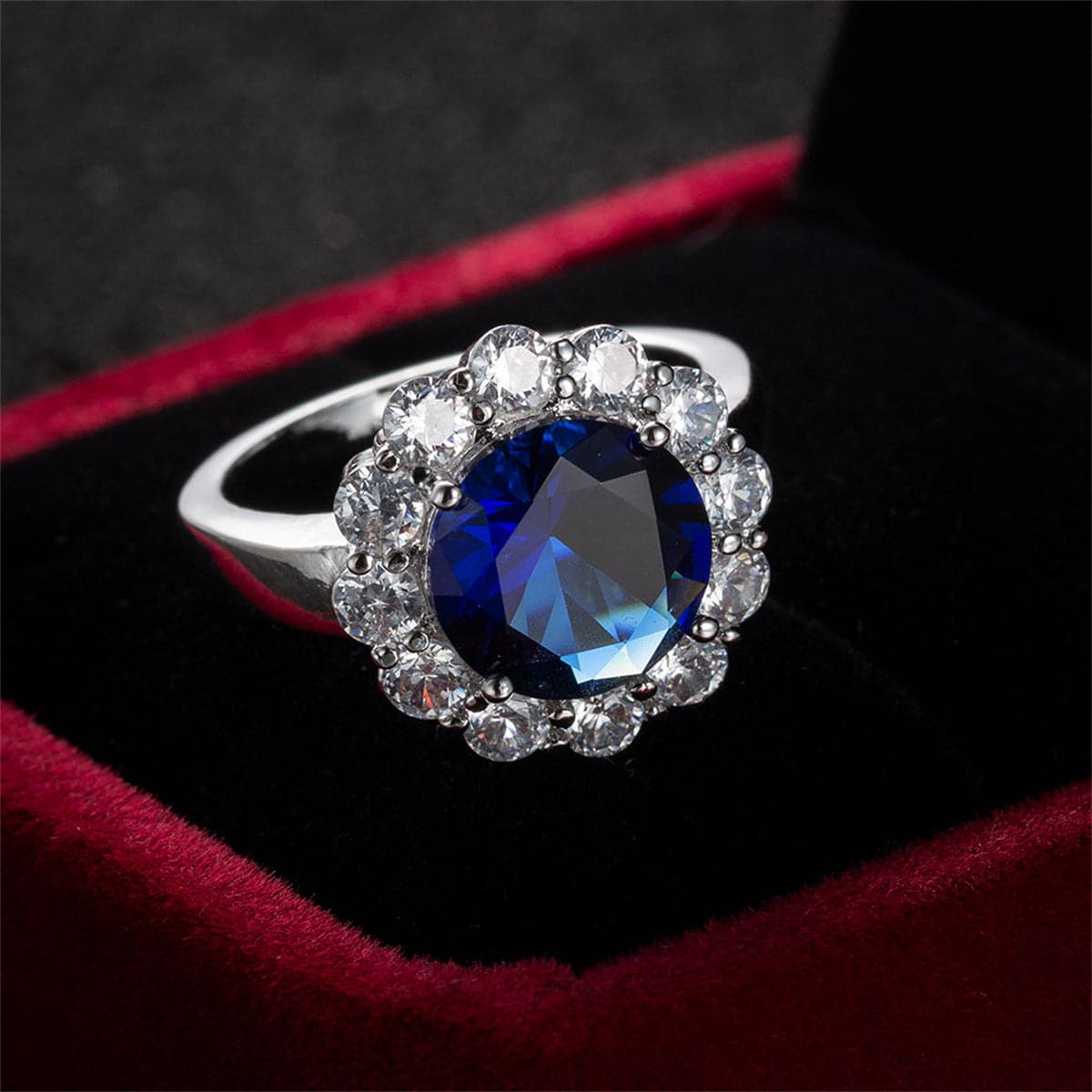Navy Crystal & Cubic Zirconia Round-Cut Halo Ring