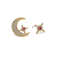 Red Cubic Zirconia & 18k Gold-Plated Moon Star Stud Earrings