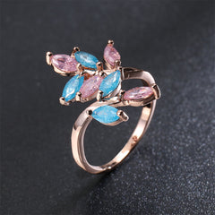Pink & Blue Crystal 18K Rose Gold-Plated Leaves Bypass Ring