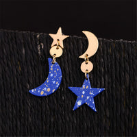 Blue & Goldtone Moon Star Asymmetrical Drop Earrings