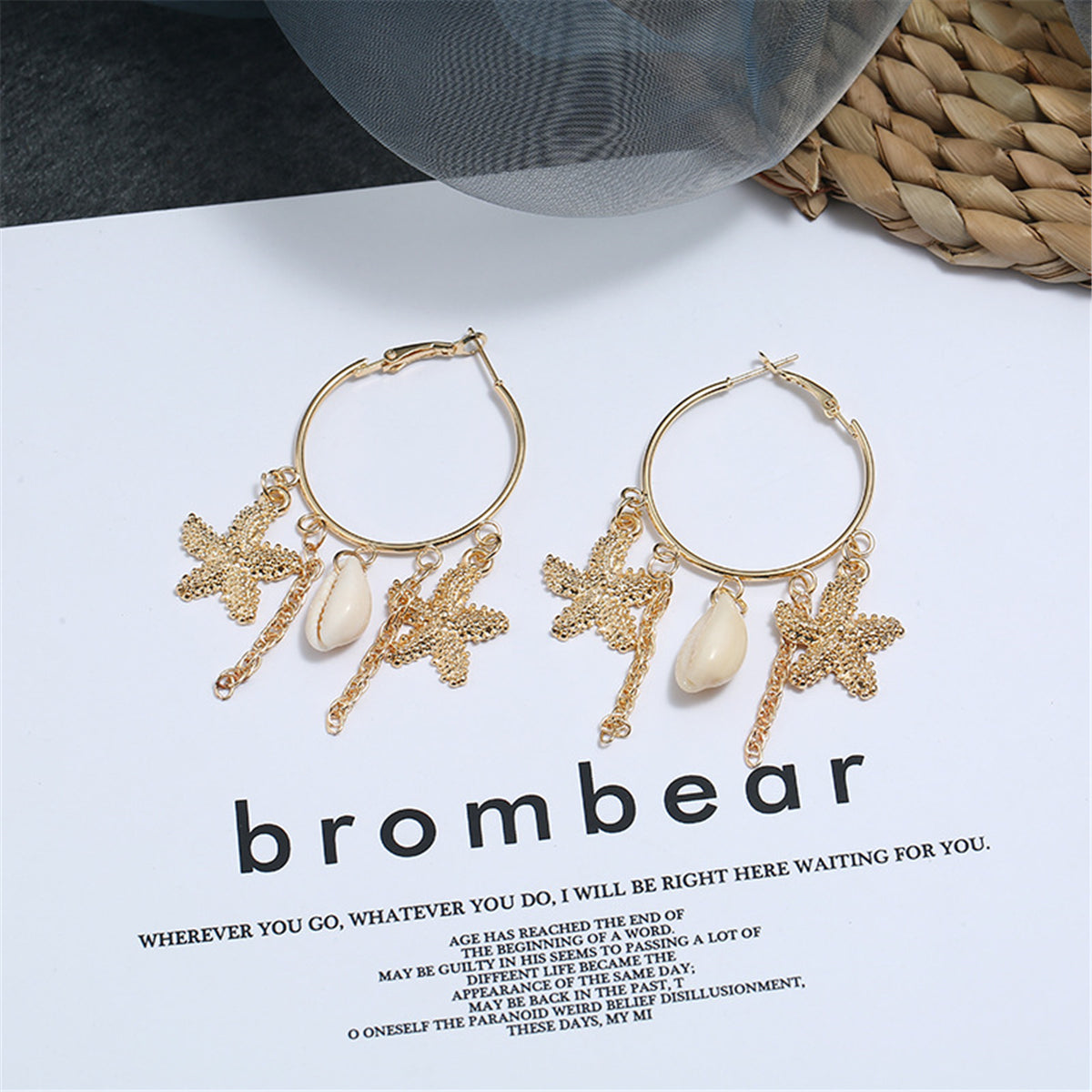 18K Gold-Plated Star and Shell Charm Hoop Earrings, gold drop earrings for women, vintage-inspired design, styled look