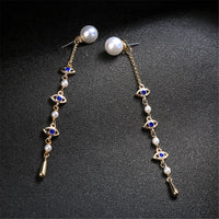 Blue Crystal & Imitation Pearl Linking Eyes Drop Earrings - streetregion
