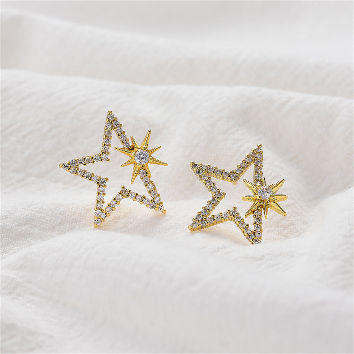 Cubic Zirconia & 18K Gold-Plated Open Star Sun Stud Earrings
