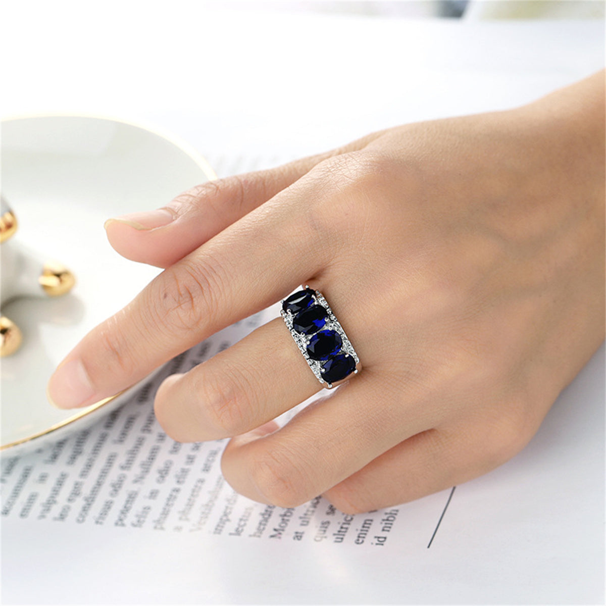 Navy Crystal & Silver-Plated Four-Stone Prong-Set Ring