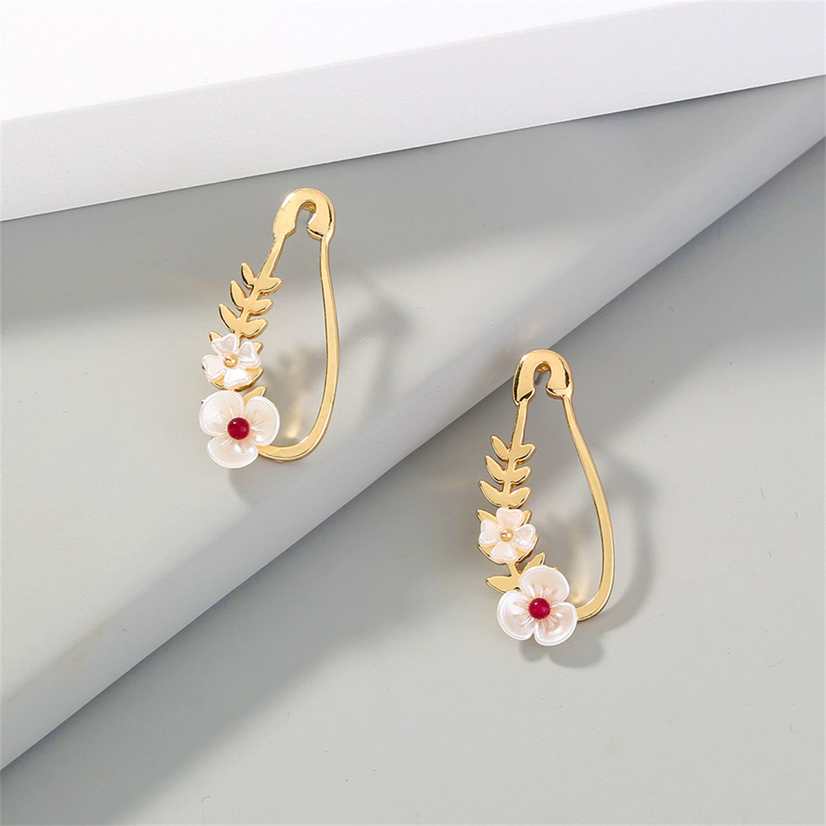 White Acrylic and 18K Gold-Plated Flower Pin Drop Earrings, gold stud earrings for women, lifestyle look