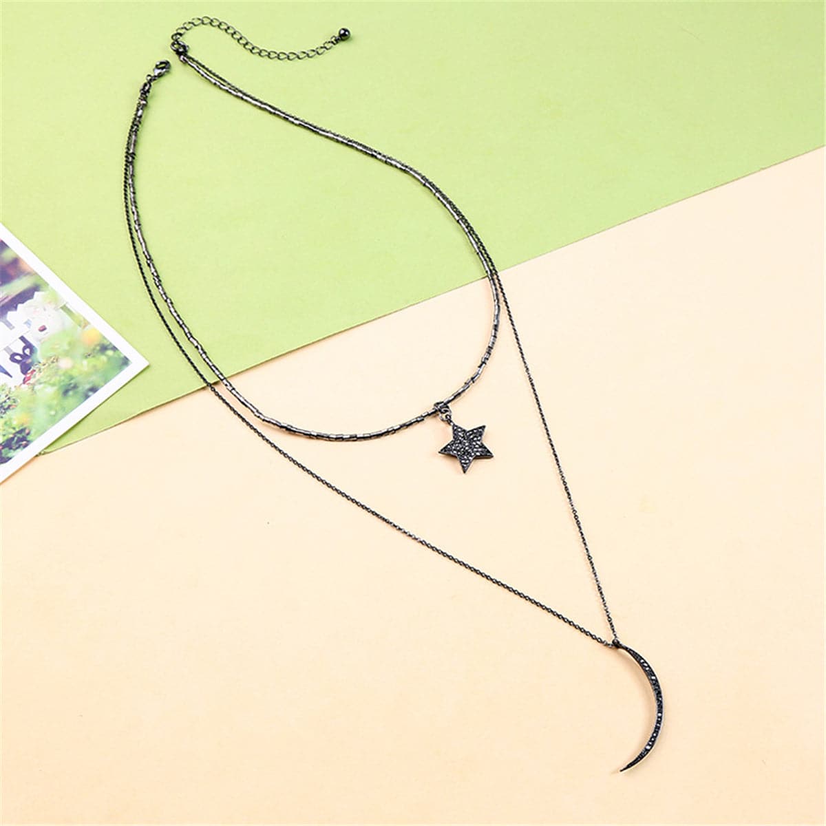 Black Cubic Zirconia & Gunmetal-Tone Moon & Star Layered Necklace