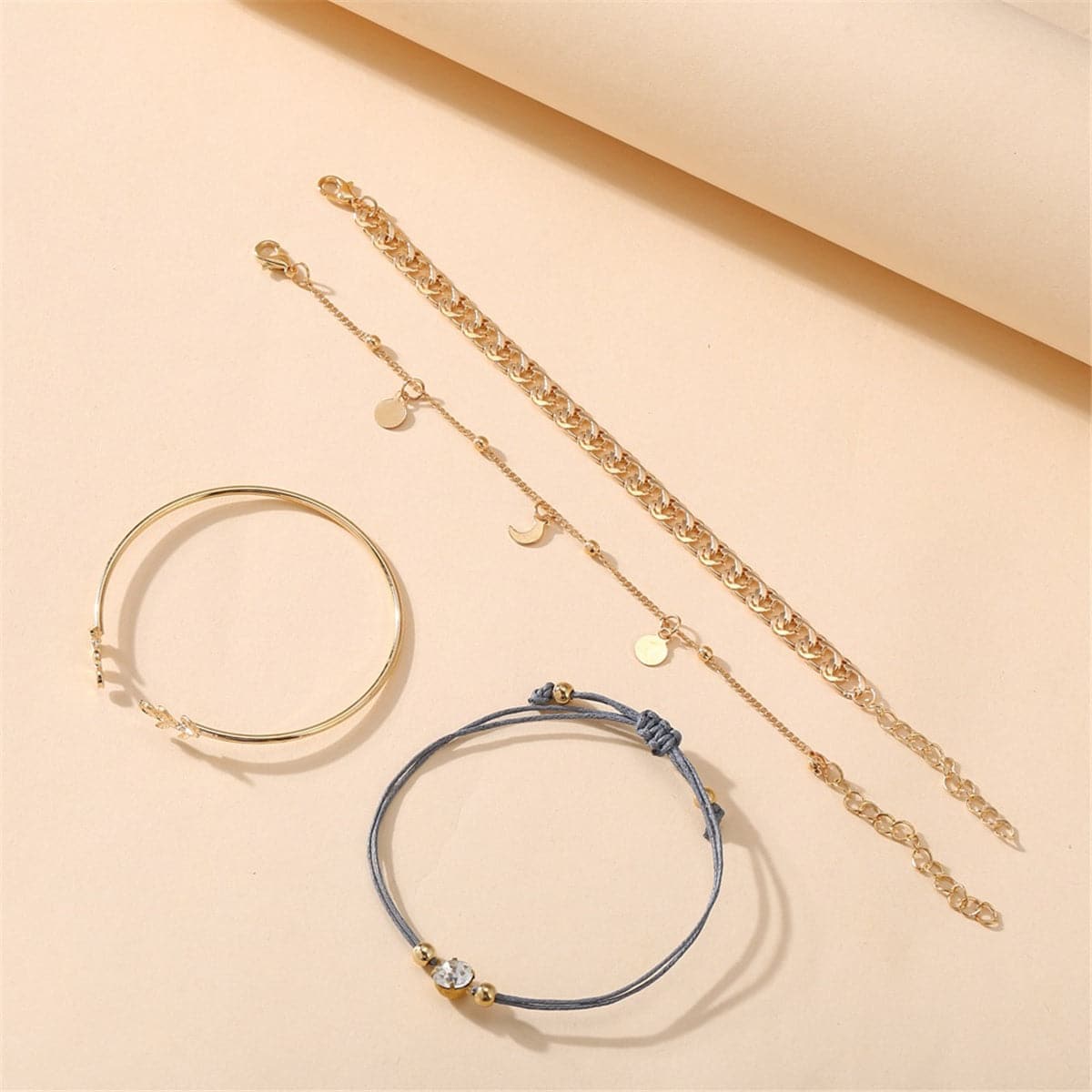 Cubic Zirconia and 18K Gold-Plated Figaro Chain Bracelet Set, jewelry gift sets for women, everyday style, detail close-up