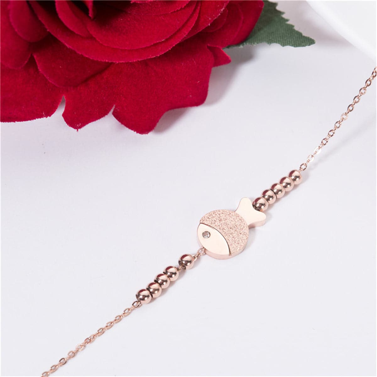 18K Rose Gold-Plated Frosted Fish and Bead Anklet, rose gold anklet bracelet, elegant gift for her, side view