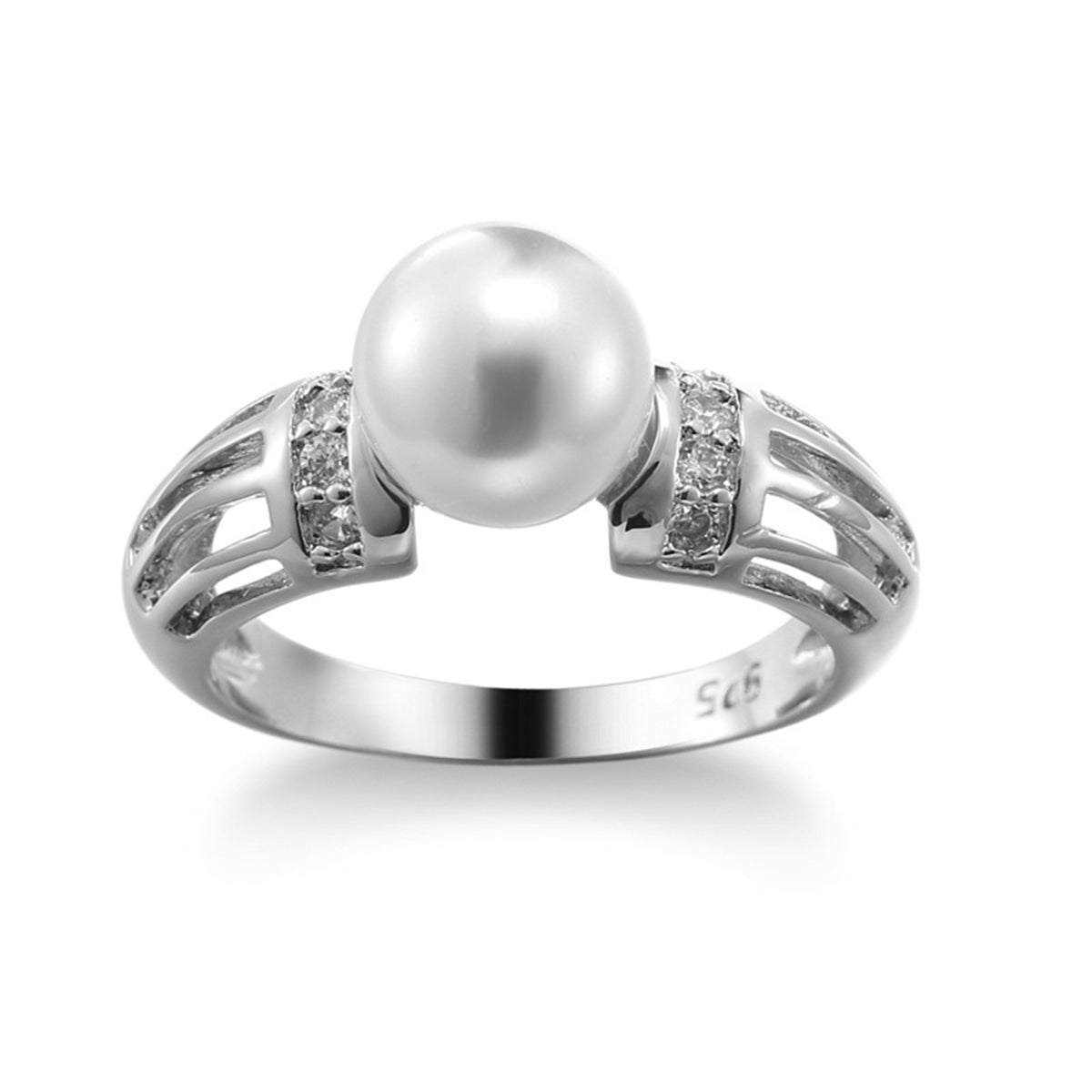 Pearl and Cubic Zirconia Silver-Plated Ring, silver statement rings for women, everyday style, side view