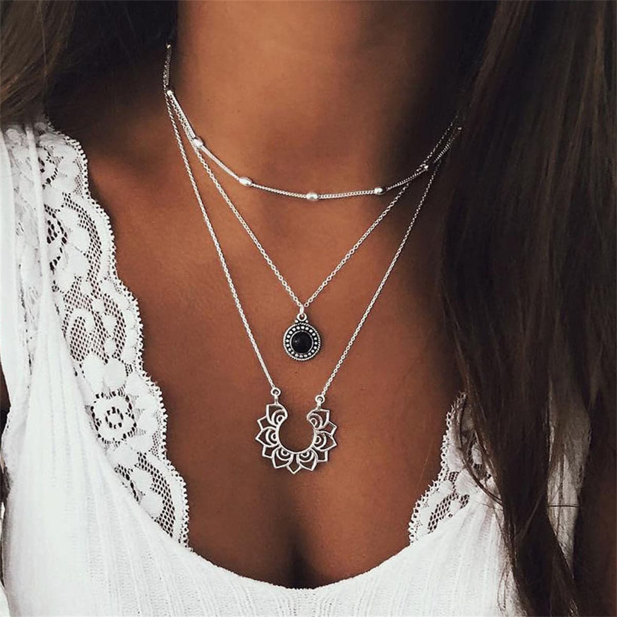 Black Resin and Silver-Plated Sunflower Layered Pendant Necklace, chunky silver choker necklace, everyday style, side view