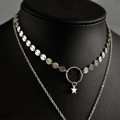 Silver-Plated Disc Star Layered Choker Necklace