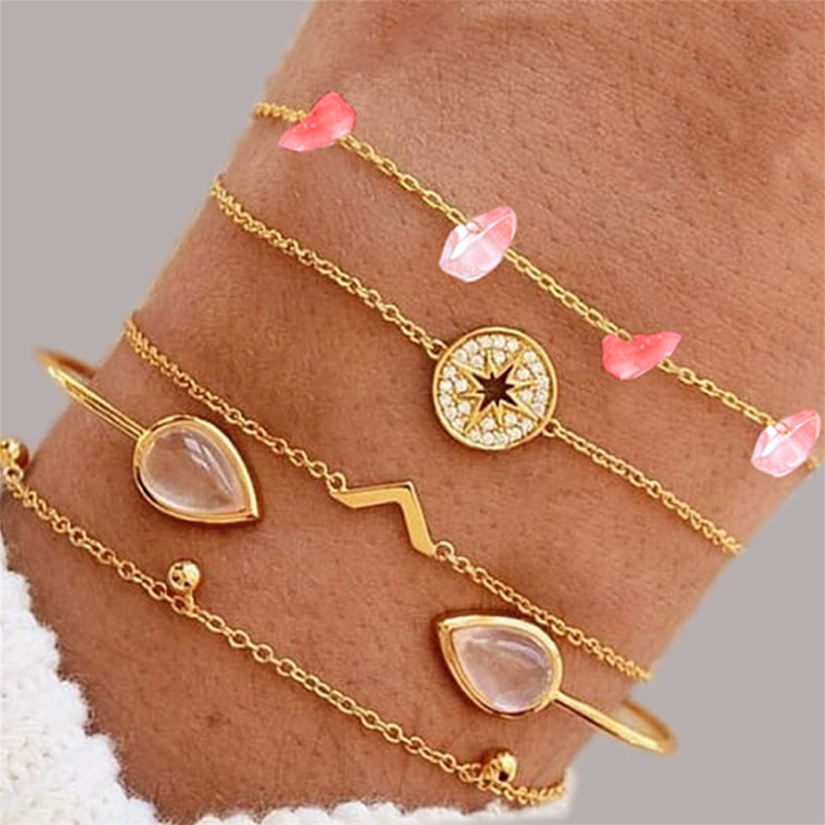 Cubic Zirconia and Moonstone Charm Bracelet Set, jewelry gift sets for women, dainty minimalist design, front view