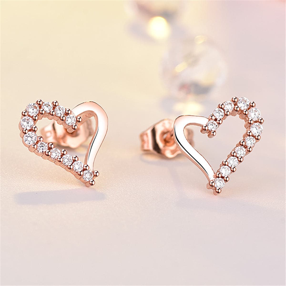 Cubic Zirconia & 18K Rose Gold-Plated Heart Stud Earrings