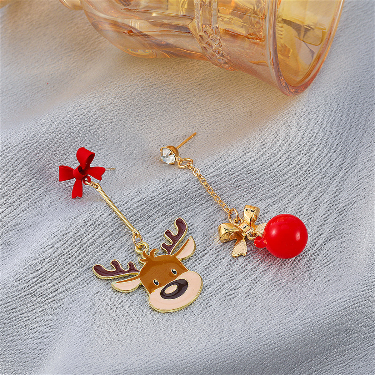 Cubic Zirconia & Red Enamel Bow Ornament Reindeer Drop Earrings