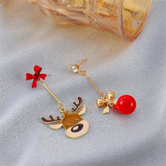 Cubic Zirconia & Red Enamel Bow Ornament Reindeer Drop Earrings