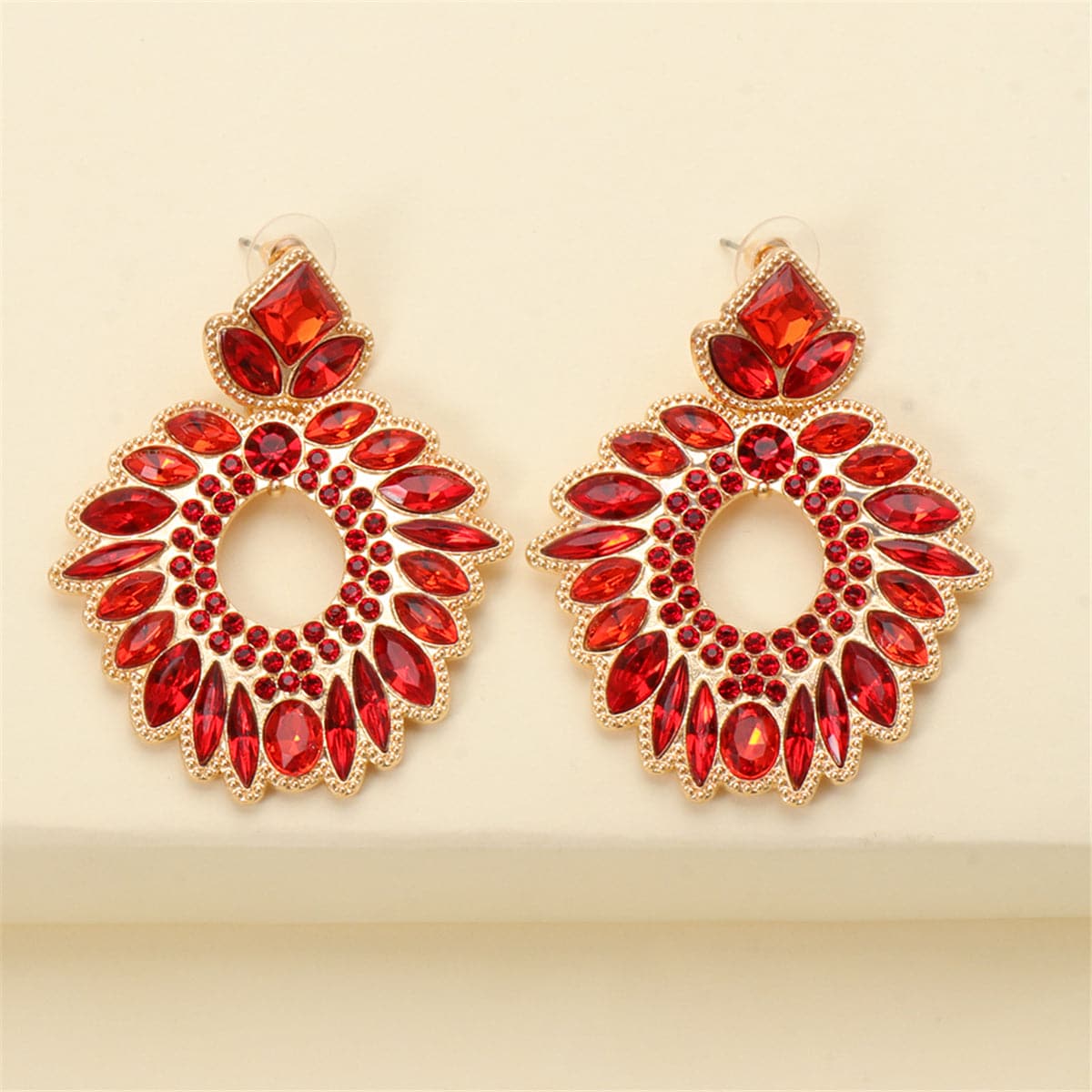Red Crystal and Cubic Zirconia 18K Gold-Plated Geometric Drop Earrings, gold drop earrings for women, styled look