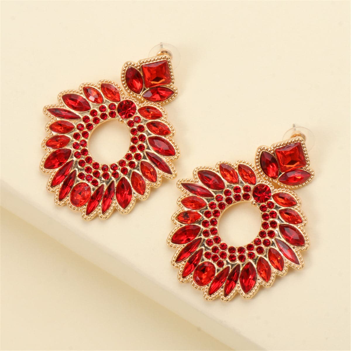 Red Crystal and Cubic Zirconia 18K Gold-Plated Geometric Drop Earrings, gold drop earrings for women, lifestyle look