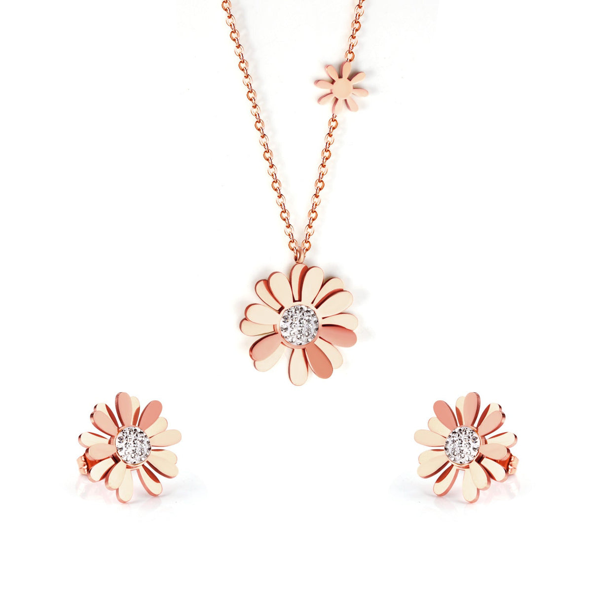 Cubic Zirconia & 18K Rose Gold-Plated Mum Stud Earrings & Pendant Necklace