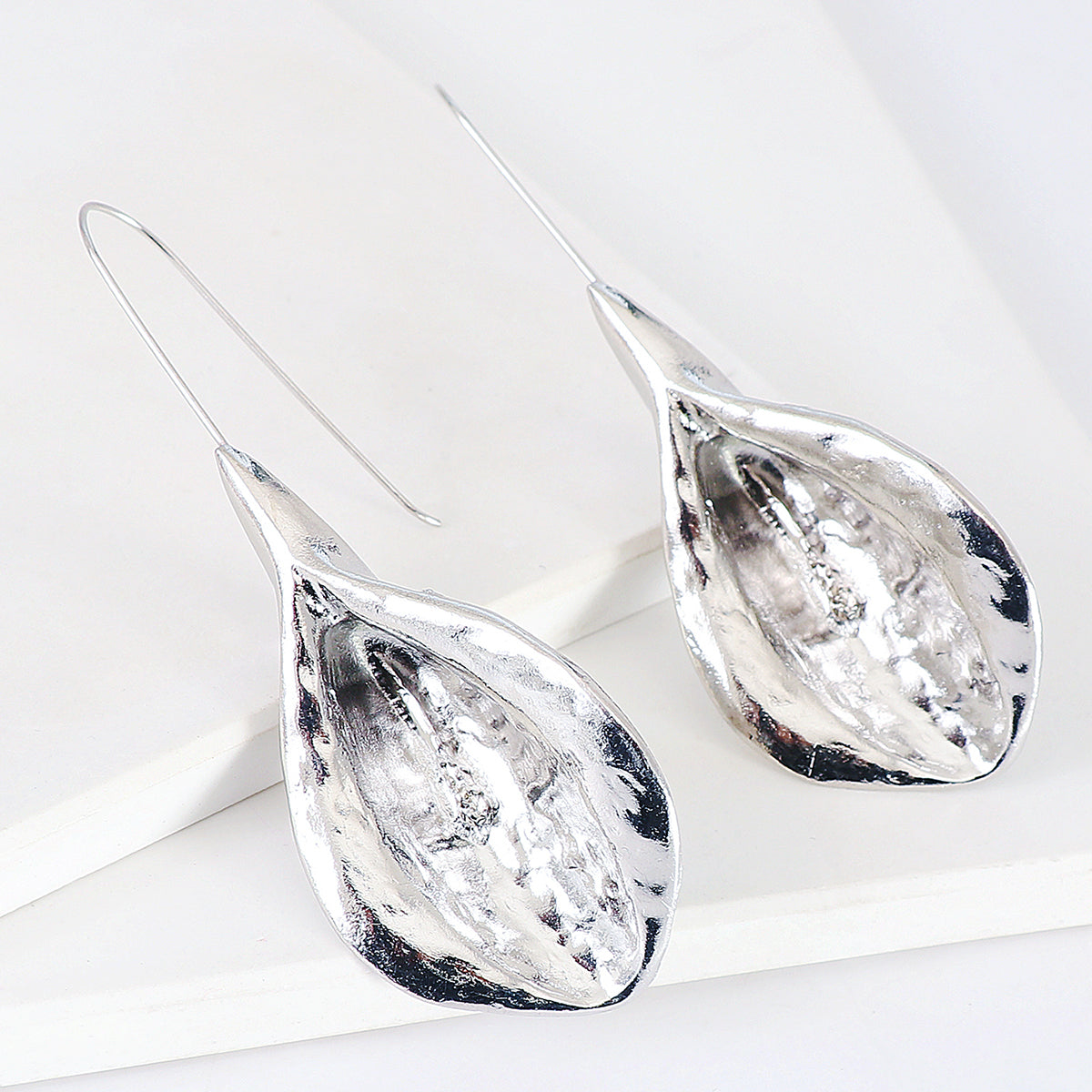 Silver-Plated Leaf Drop Earrings, silver drop earrings for women, botanical inspired, front view