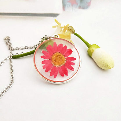 Red Pressed Mum and Silver-Plated Round Pendant Necklace, silver pendant necklace for women, side view