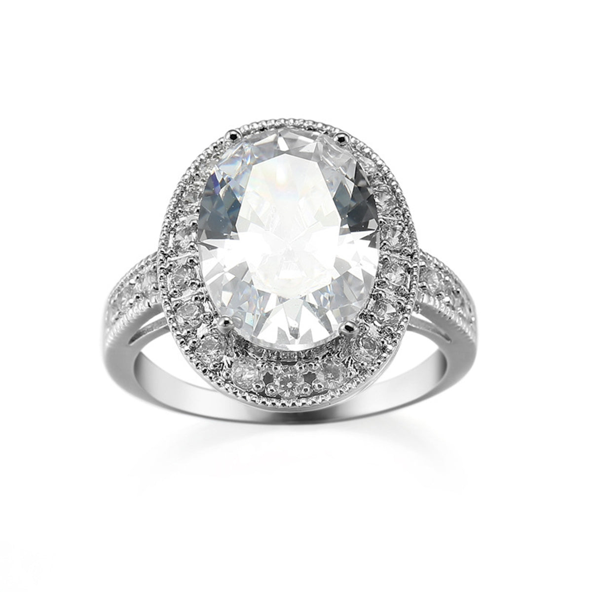 Crystal and Cubic Zirconia Silver-Plated Halo Oval-Cut Ring, silver statement rings for women, everyday style, front view