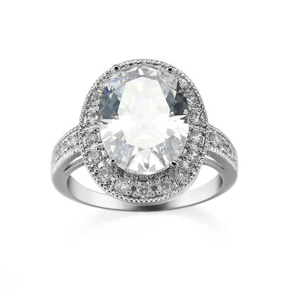 Crystal and Cubic Zirconia Silver-Plated Halo Oval-Cut Ring, silver statement rings for women, everyday style, front view