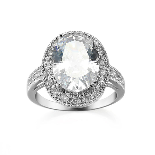 Crystal and Cubic Zirconia Silver-Plated Halo Oval-Cut Ring, silver statement rings for women, front view