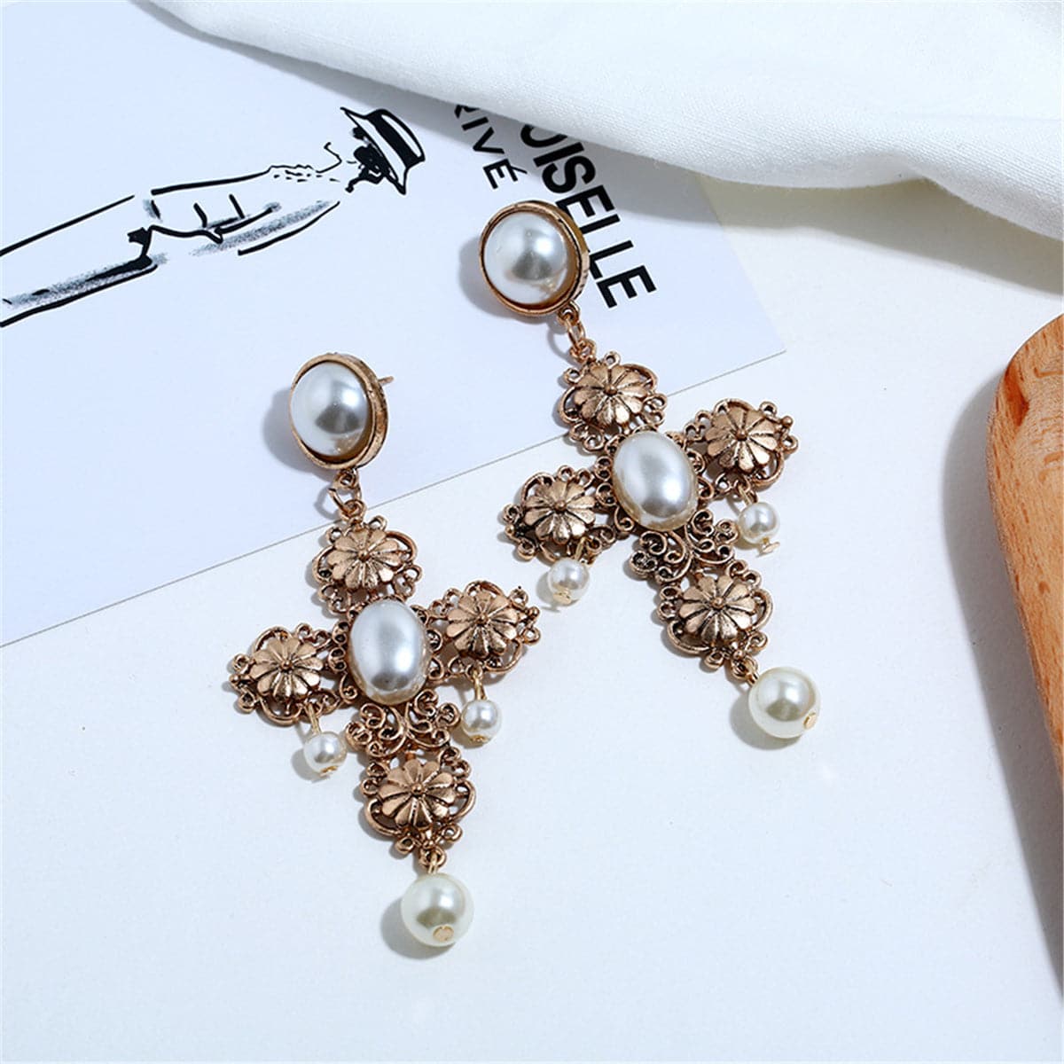 Pearl & 18K Gold-Plated Cross Drop Earrings
