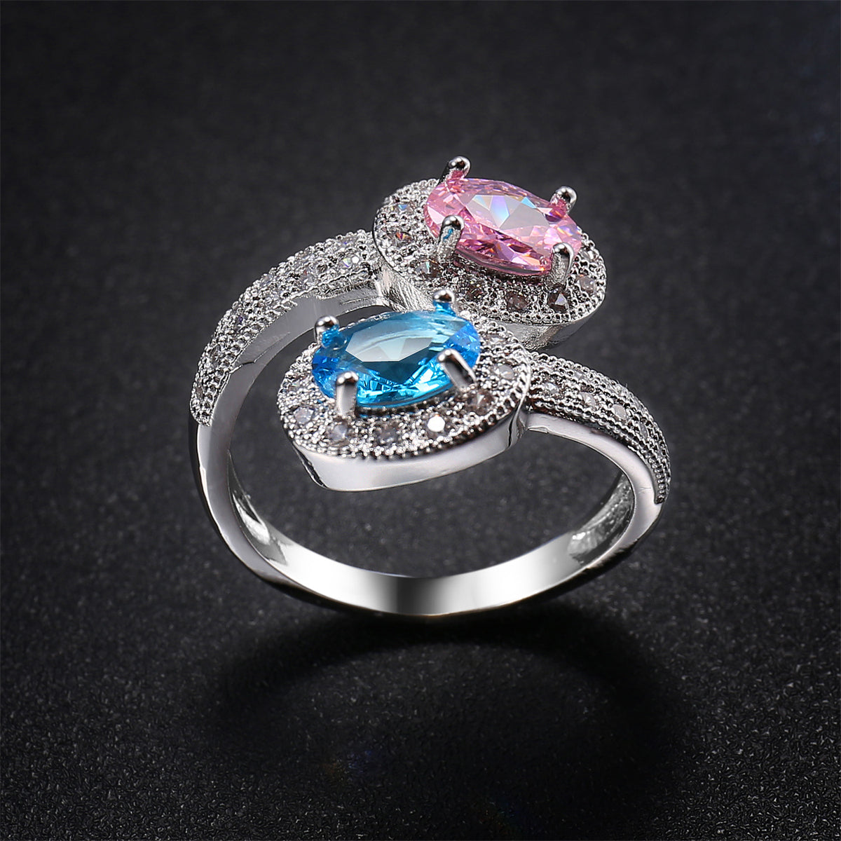 Pink and Blue Crystal Oval-Cut Bypass Ring, statement rings for women, botanical inspired, lifestyle look