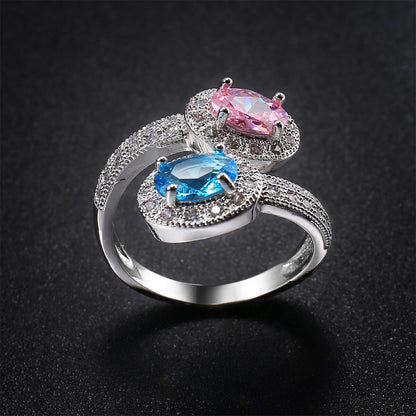 Pink and Blue Crystal Oval-Cut Bypass Ring, statement rings for women, botanical inspired, lifestyle look