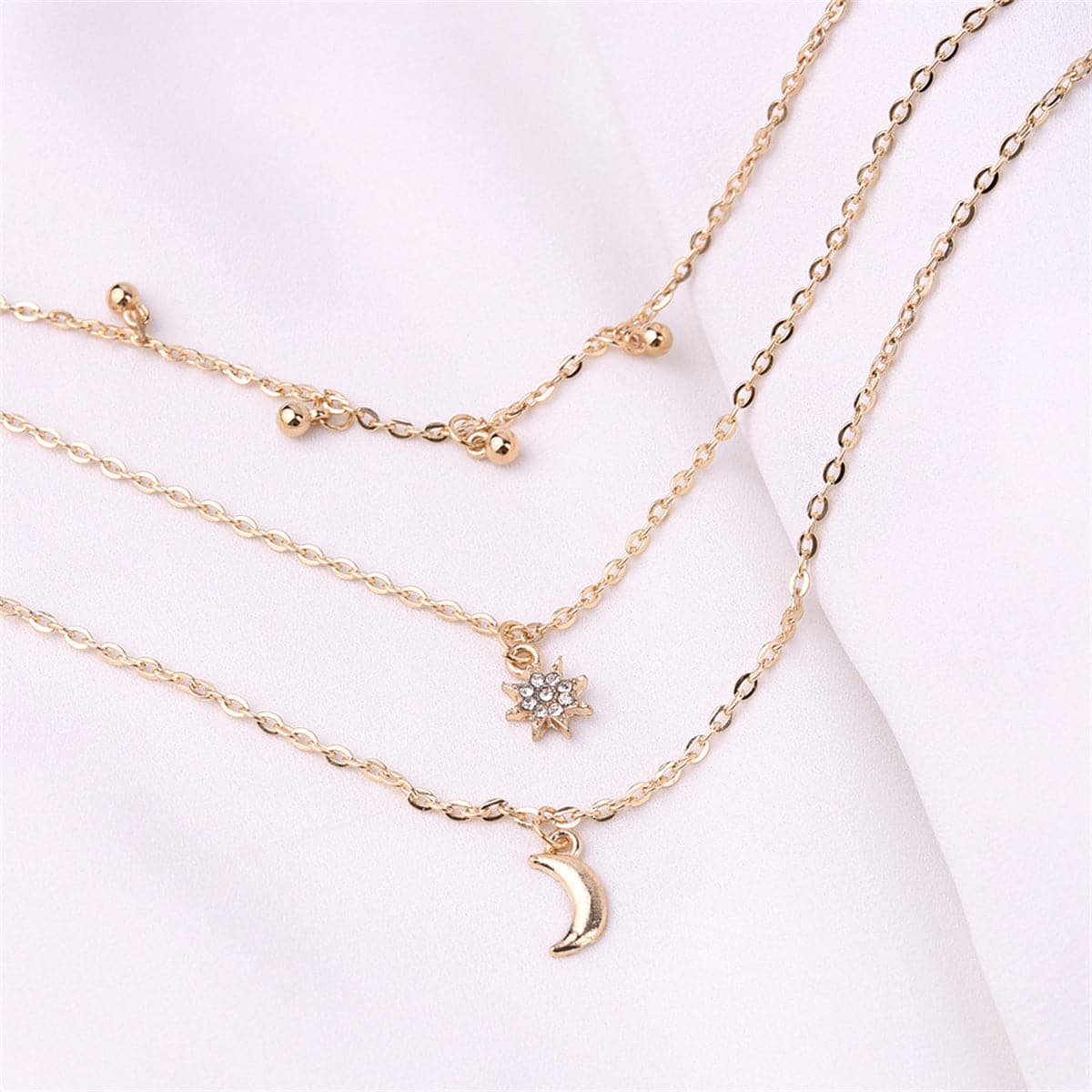 Cubic Zirconia and 18K Gold-Plated Stars Moon Layered Necklace, gold pendant necklace for women, side view