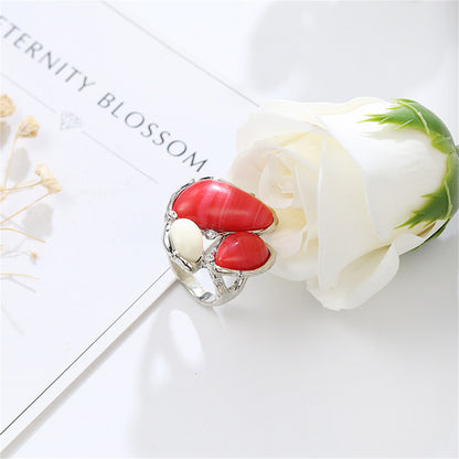 Red and Cream Cats Eye Abstract Ring, statement rings for women, everyday style, detail close-up