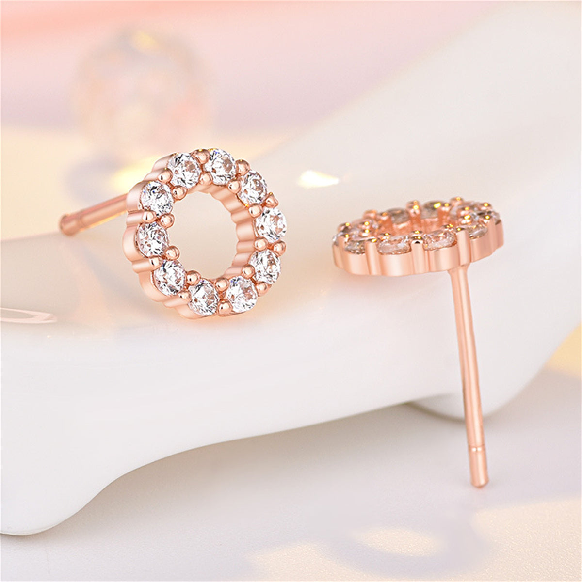 Cubic Zirconia & 18K Rose Gold-Plated Circle Stud Earrings