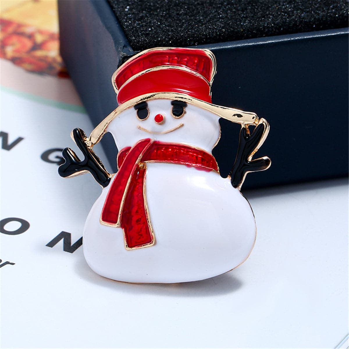 Red & 18K Gold-Plated Snowman Brooch