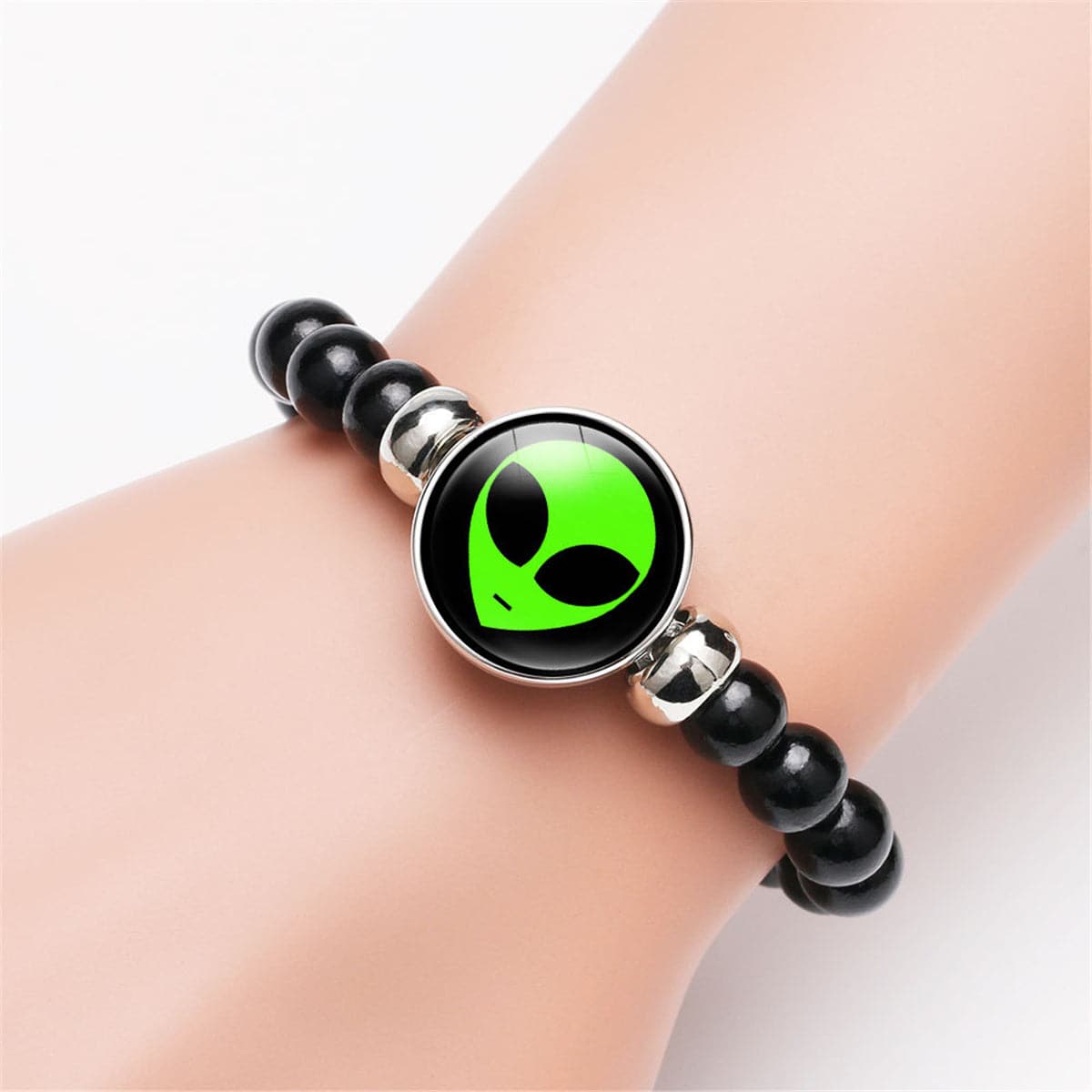 Black Resin & Silver-Plated Green Alien Beaded Stretch Bracelet