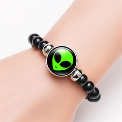 Black Resin & Silver-Plated Green Alien Beaded Stretch Bracelet
