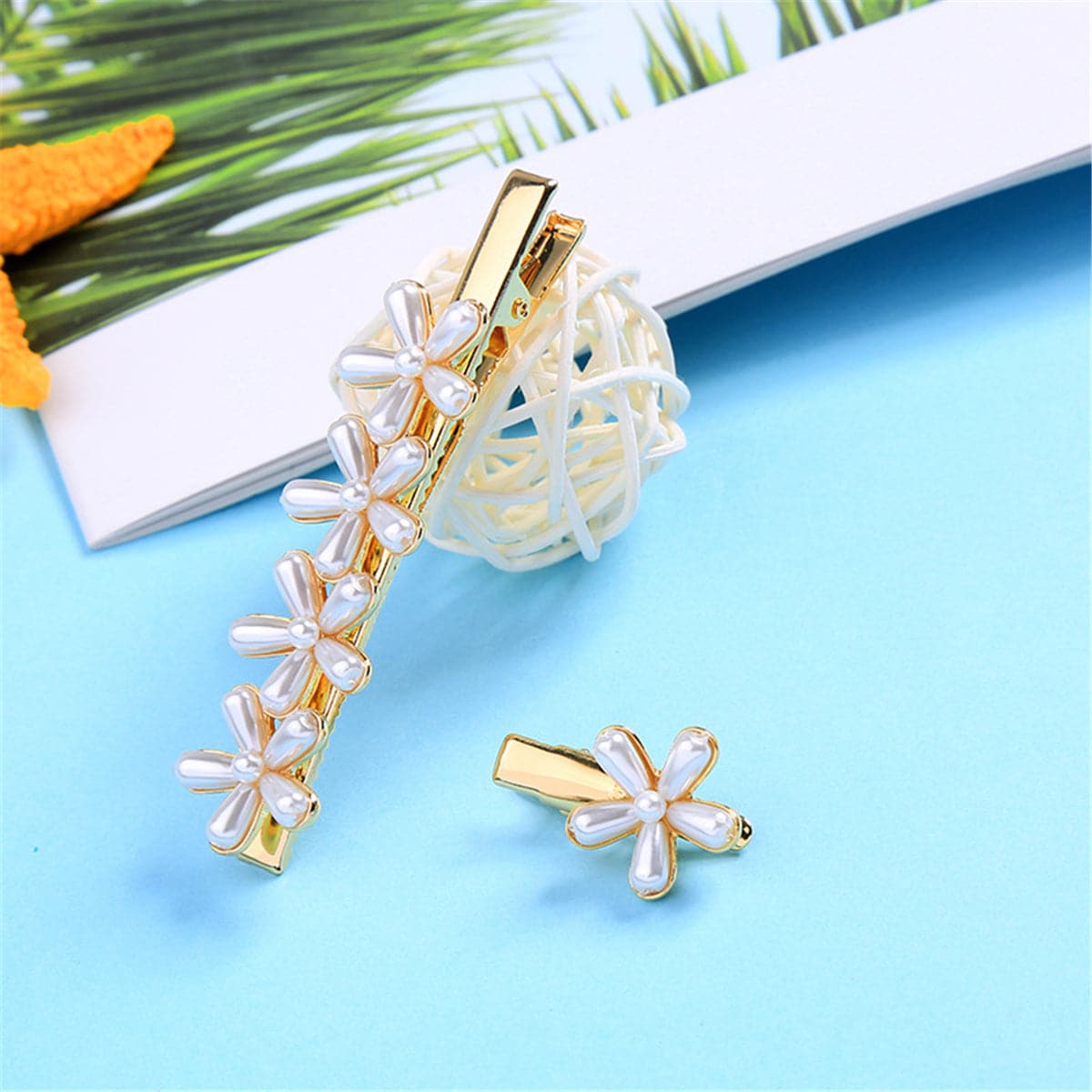 Pearl & 18K Gold-Plated Flower Hair Clip Set