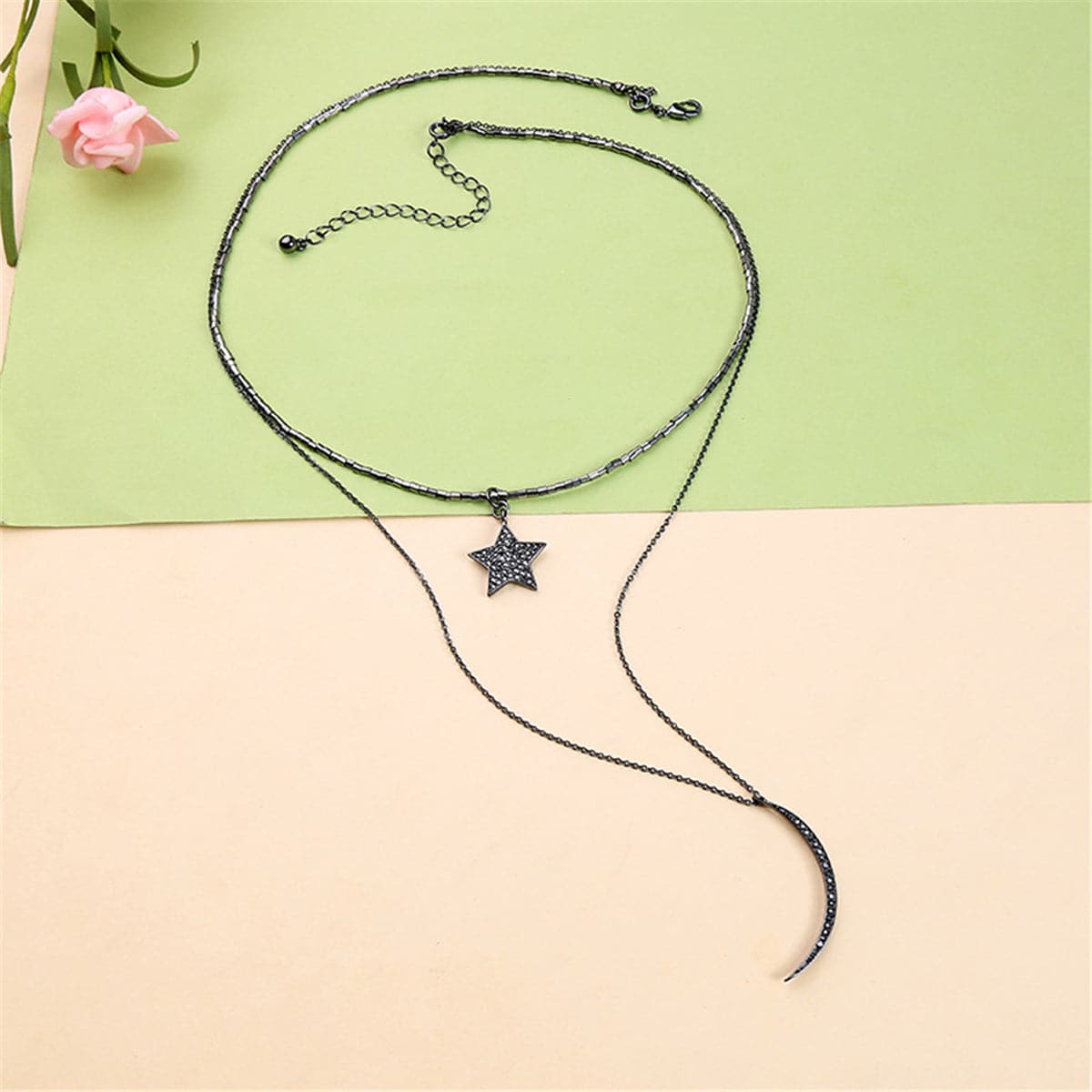 Black Cubic Zirconia & Gunmetal-Tone Moon & Star Layered Necklace