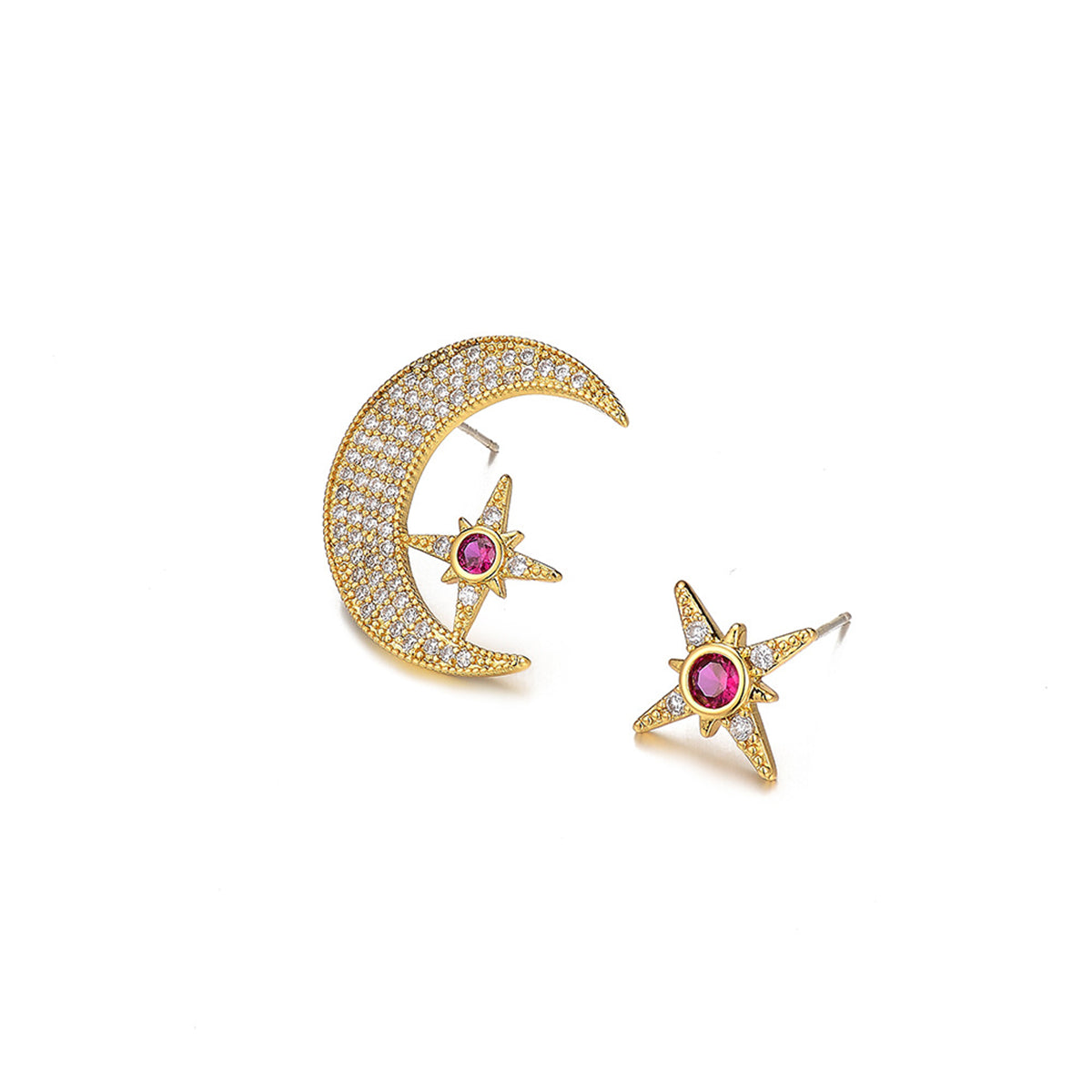 Red Cubic Zirconia & 18K Gold-Plated Moon Star Stud Earrings