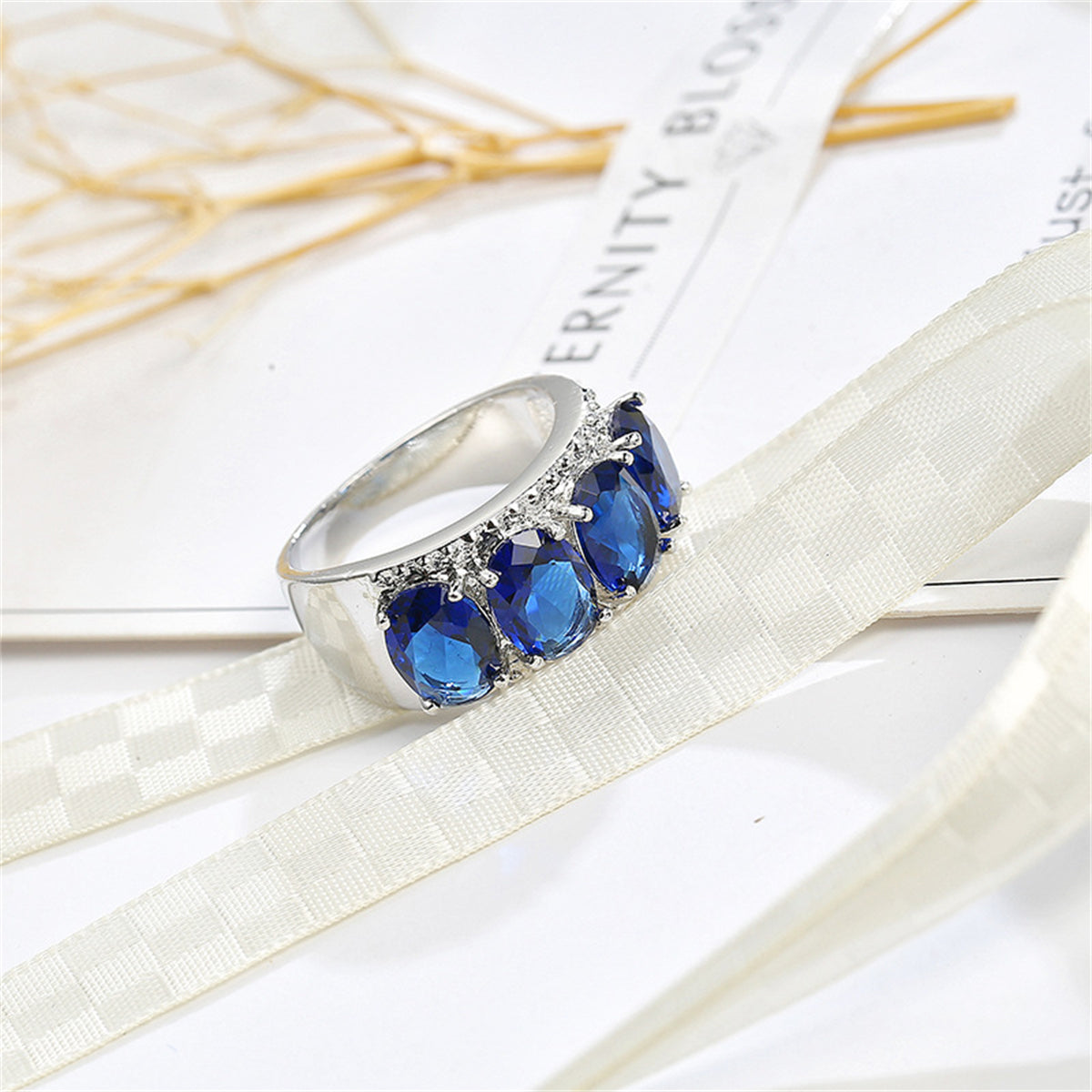 Navy Crystal and Silver-Plated Four-Stone Prong-Set Ring, silver statement rings for women, front view