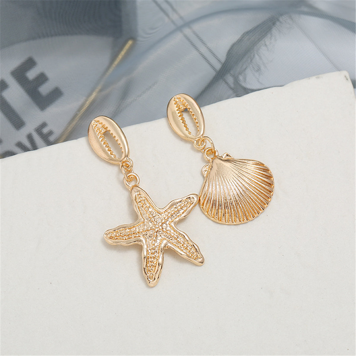 18K Gold-Plated Starfish and Shell Drop Earrings, gold drop earrings for women, dainty minimalist design, front view